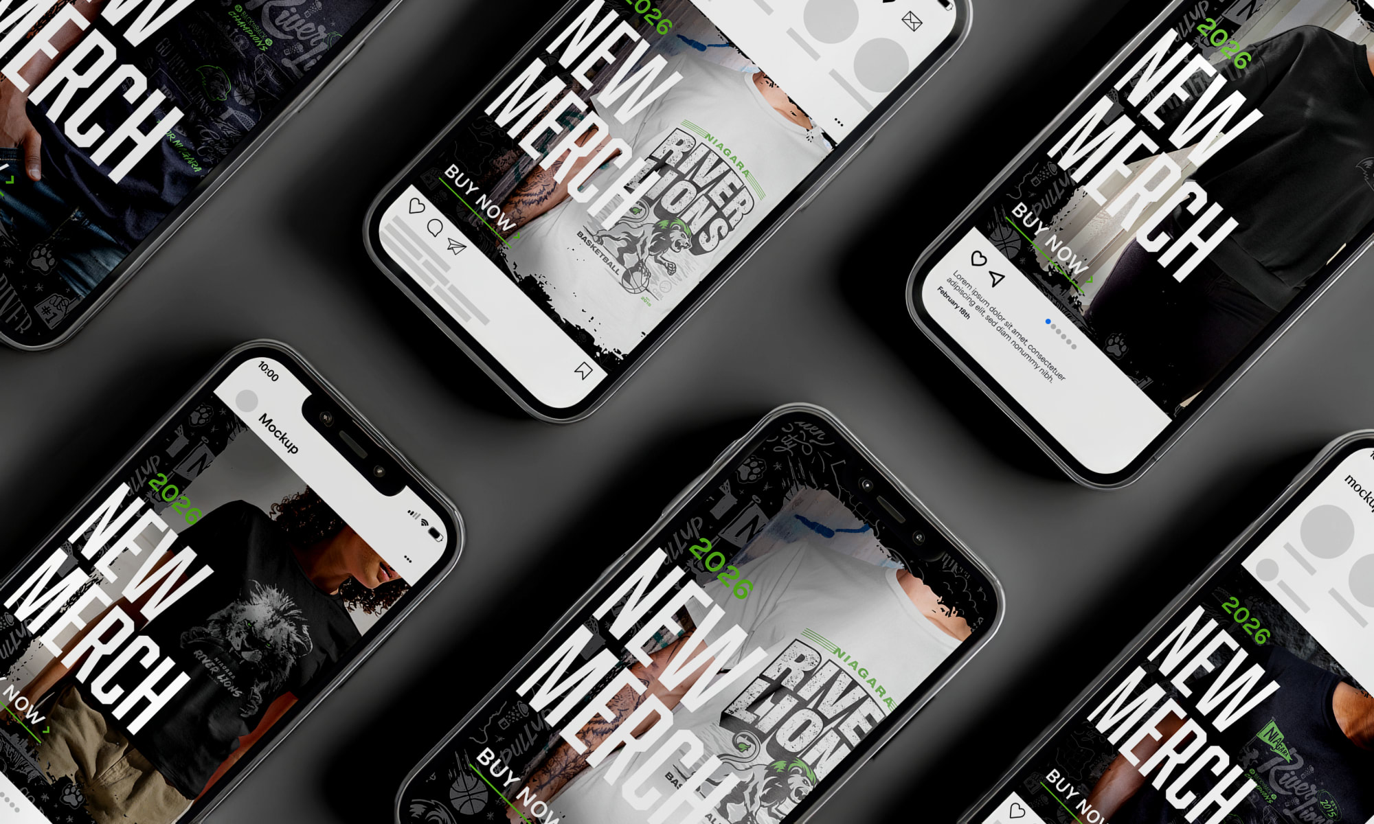 Multiple smart phones show a New Merch web page for the Niagara River Lions.