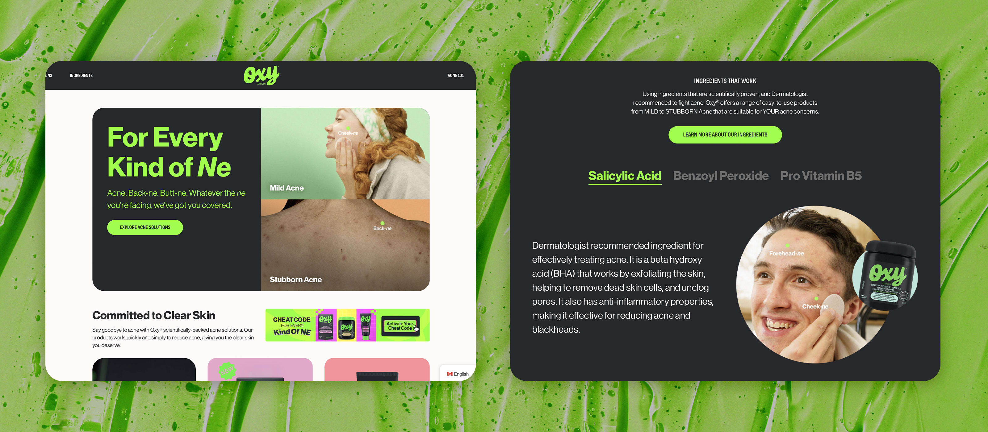 A collage of images from the Oxy acne care website.