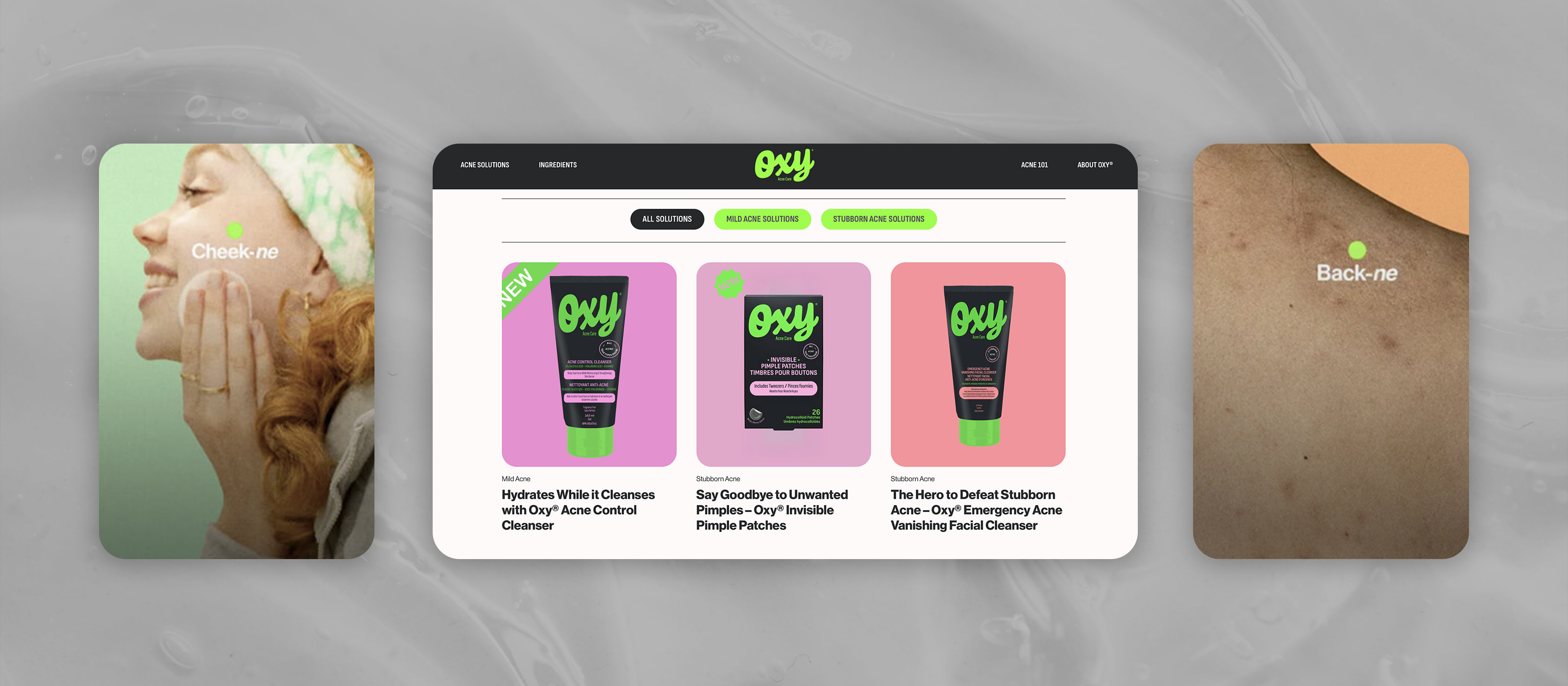 A collage of images from the Oxy acne care website.