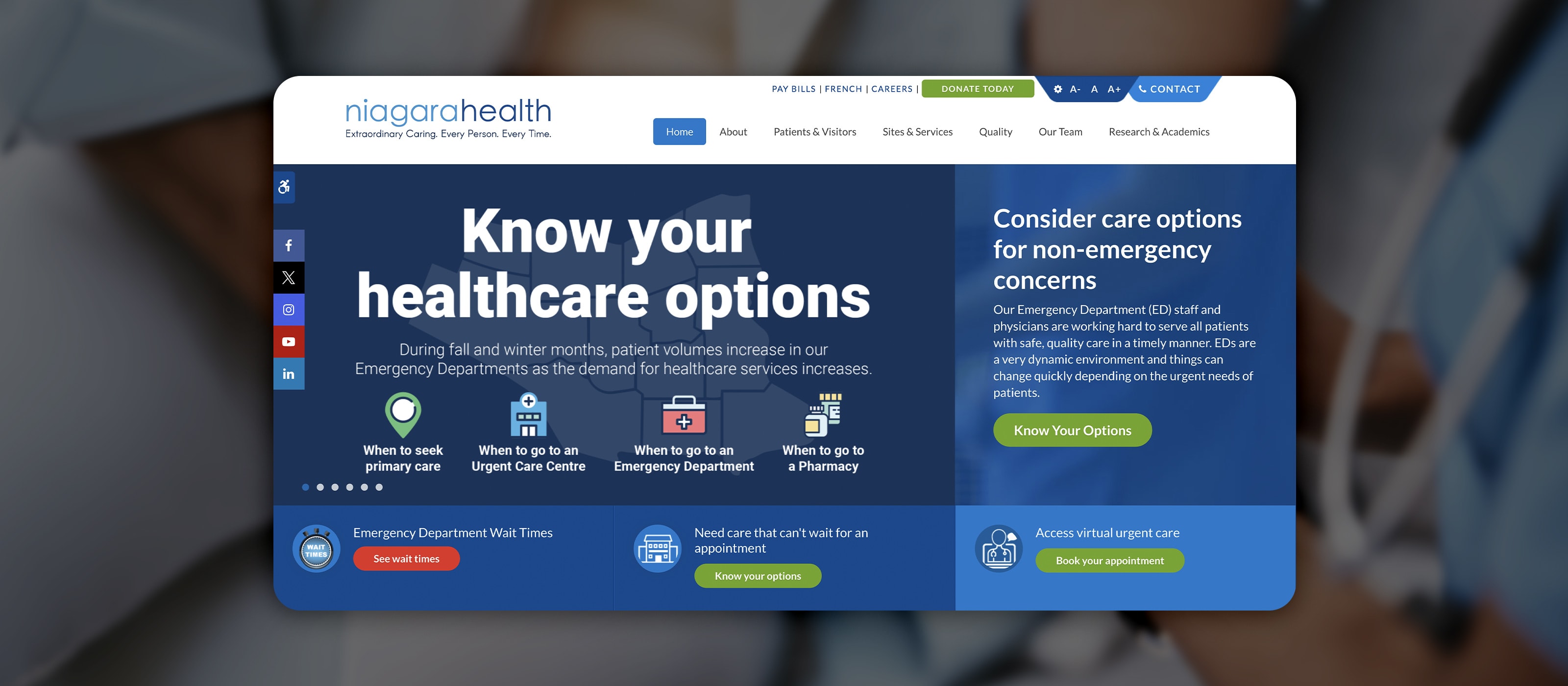 Niagara Health website homepage featuring healthcare options, emergency department information, wait times and patient resources in a blue and white design.