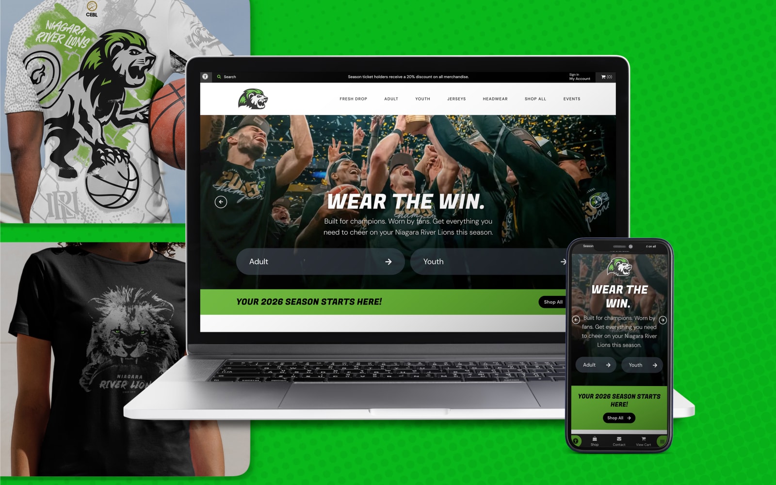 Niagara River Lions merchandise website displayed on desktop and mobile devices, featuring team apparel, championship imagery and bold green branding.