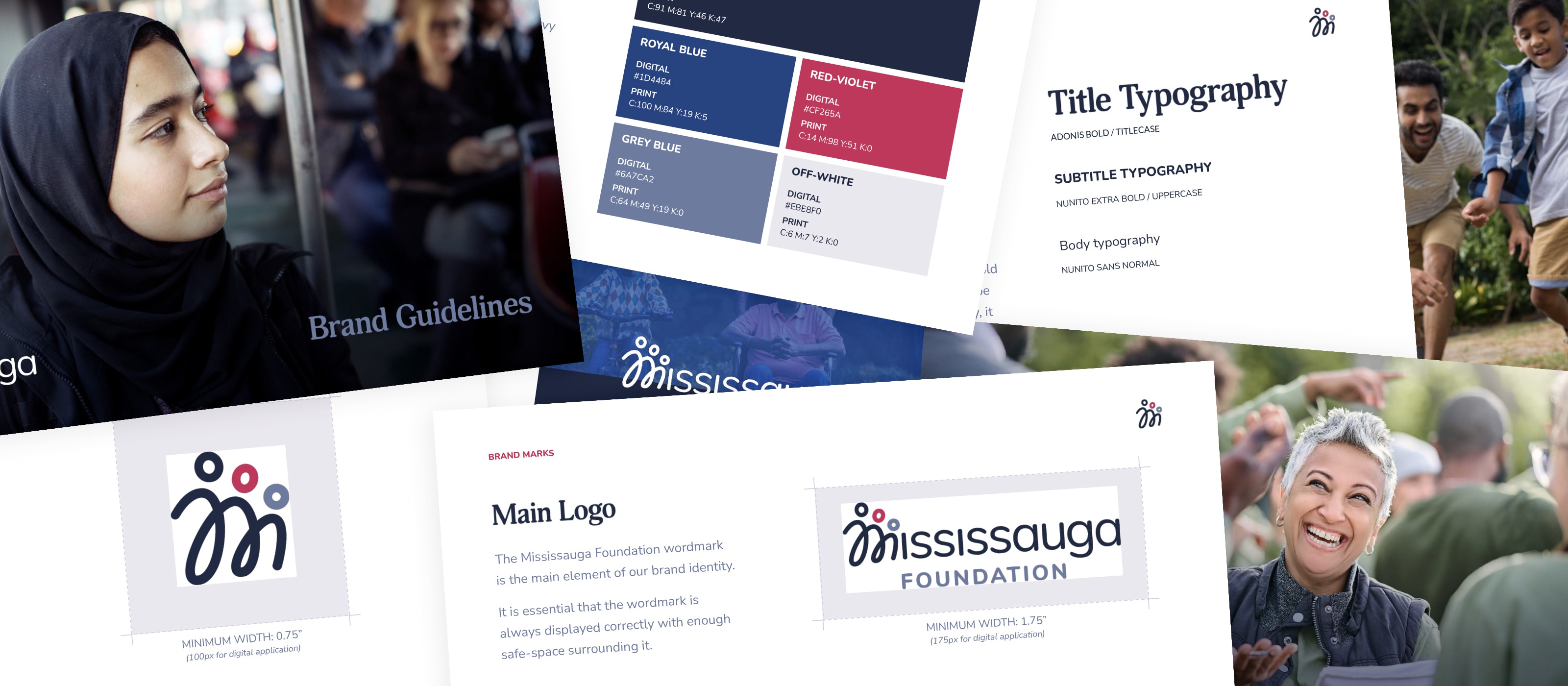 Collage of Mississauga Foundation brand guidelines featuring logos, colour palettes, typography and photography.