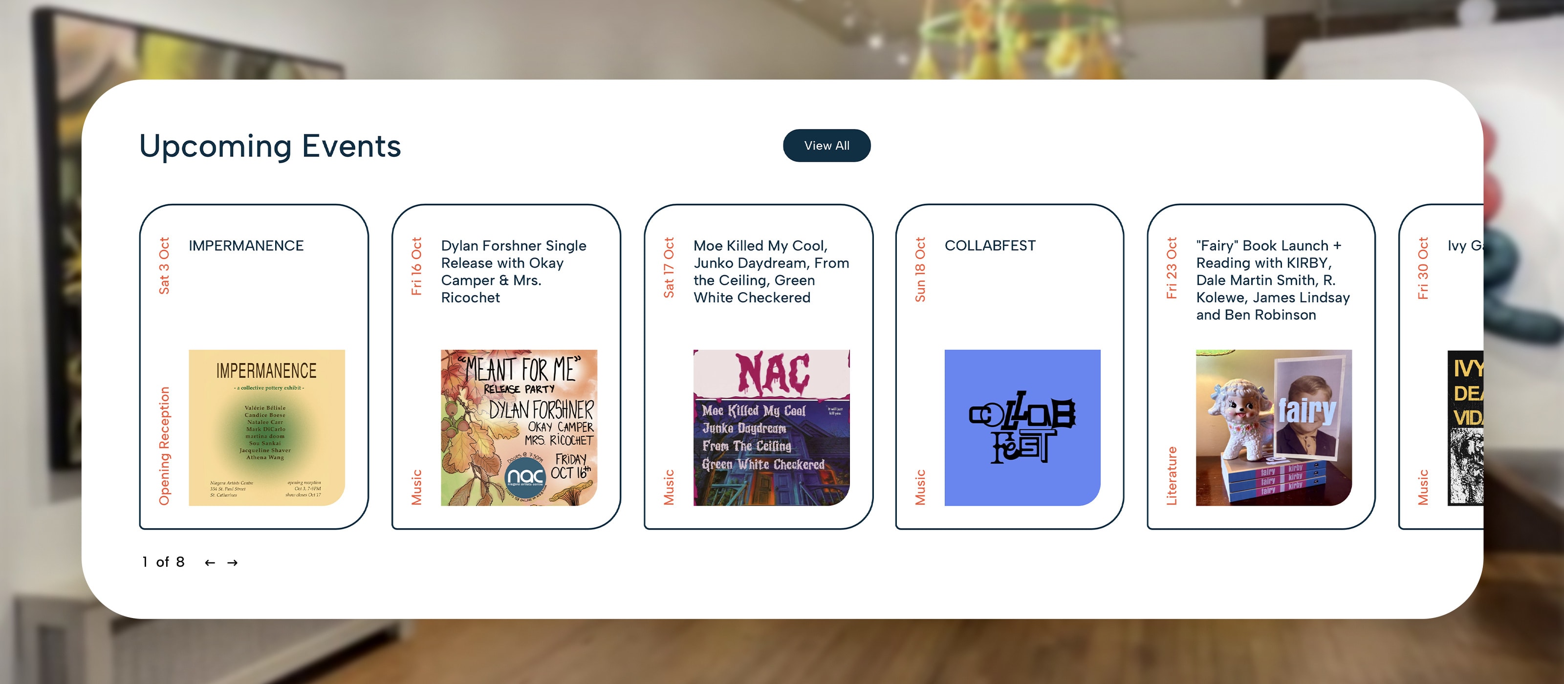 Collage of Niagara Artists Centre website designs featuring events carousel.