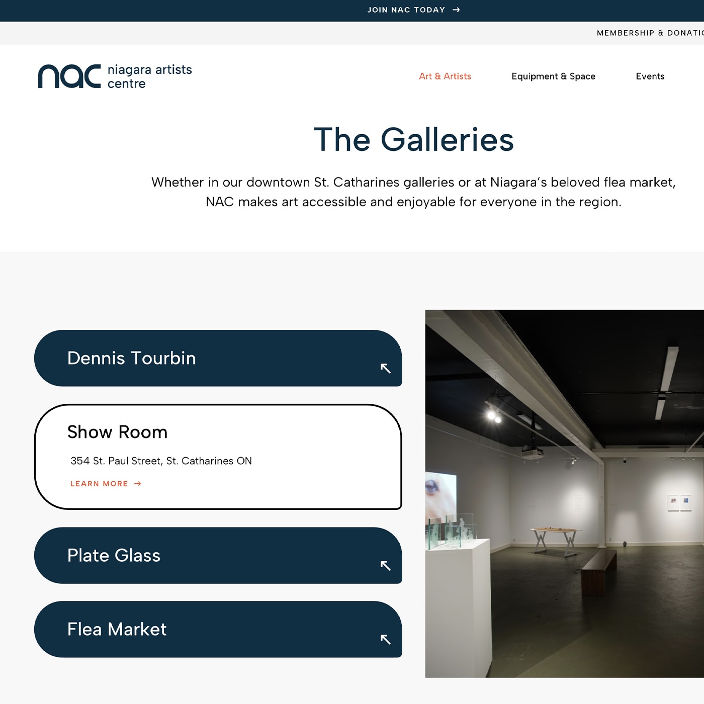 Collage of Niagara Artists Centre website designs featuring gallery pages.