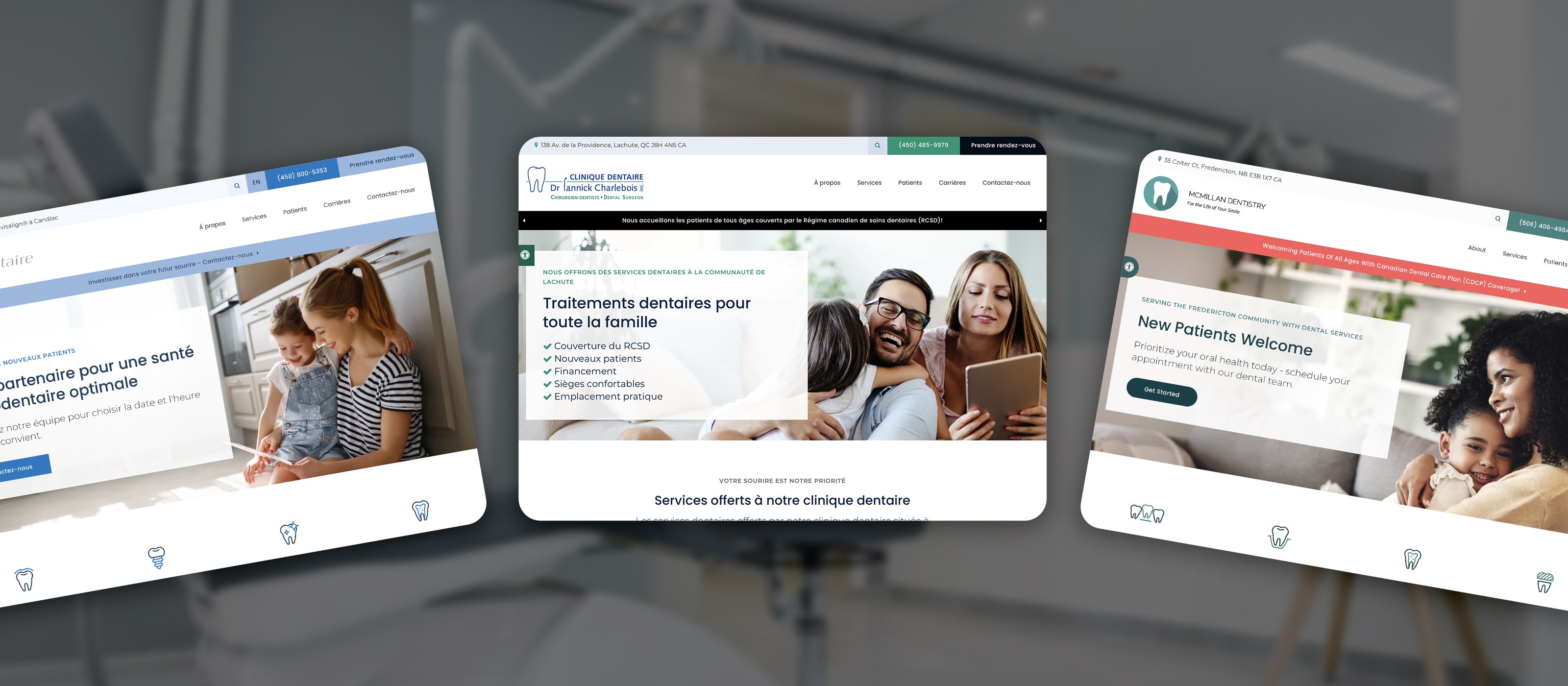Collage of three dentalcorp practice websites featuring patient photography, service information and consistent website layouts.