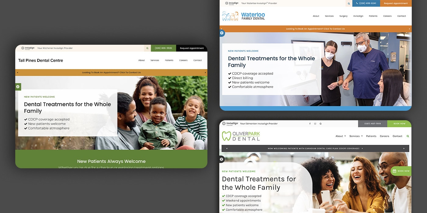 Collage of three dentalcorp practice websites featuring consistent layouts, patient photography and individual practice branding.