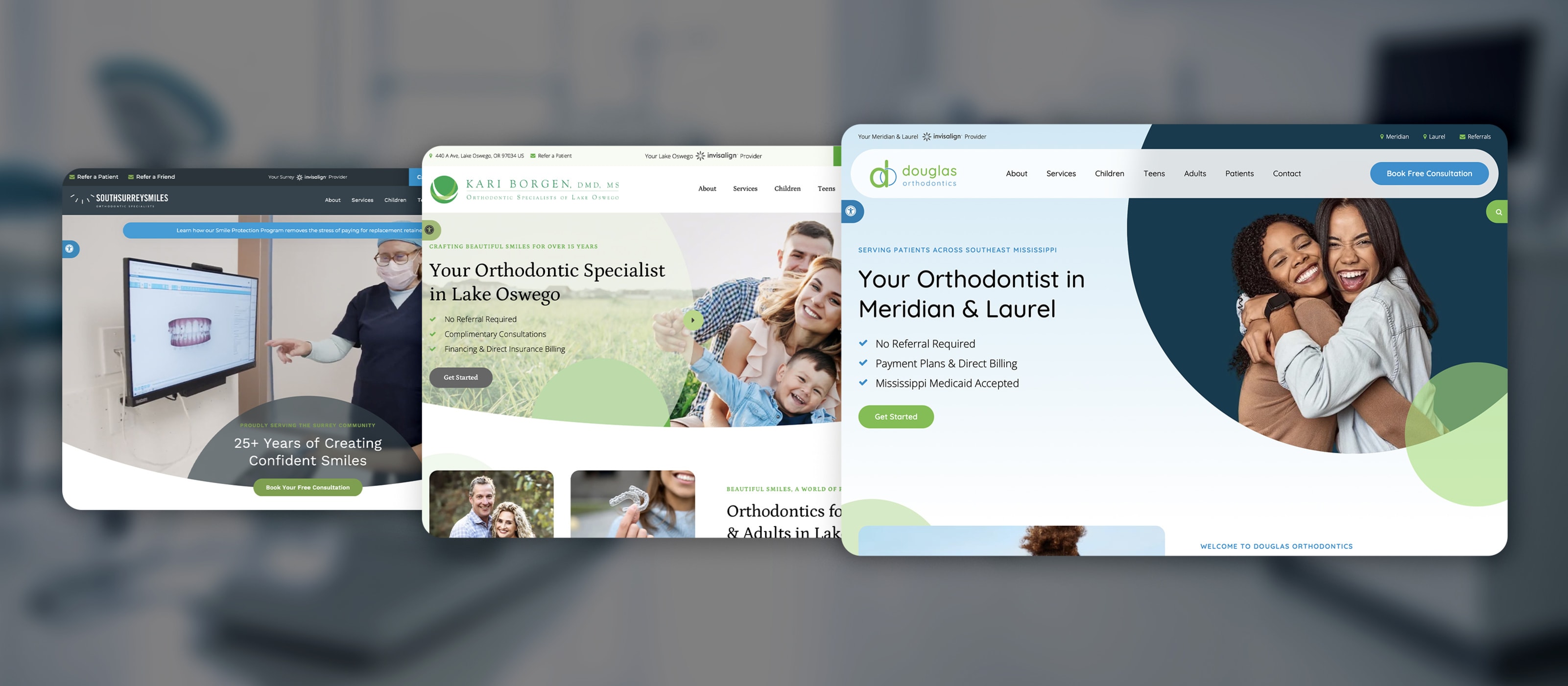 Mockup of three orthodontic websites displayed across overlapping screens, representing consistent digital management.