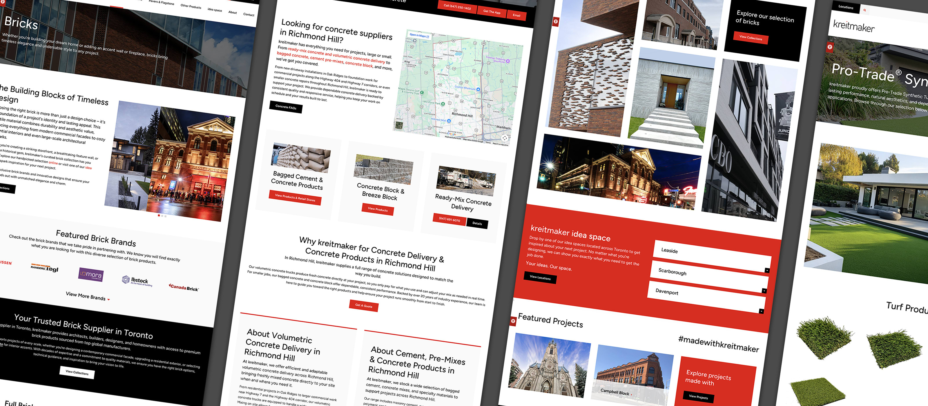 Collage of kreitmaker website pages featuring building materials, product collections, project photography and location information.