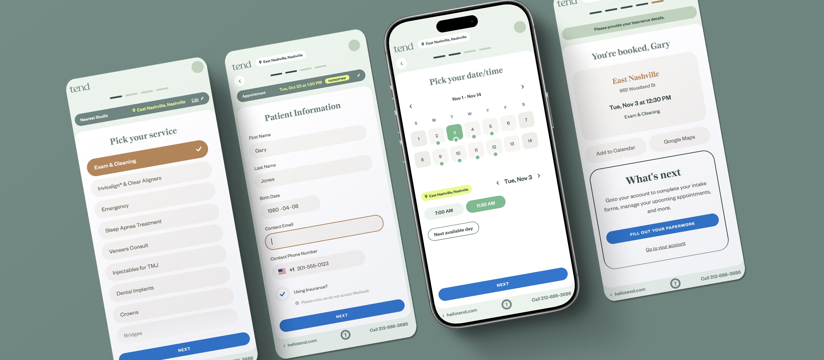 Collage of Tend dental appointment booking screens featuring service selection, locations, maps and scheduling options.