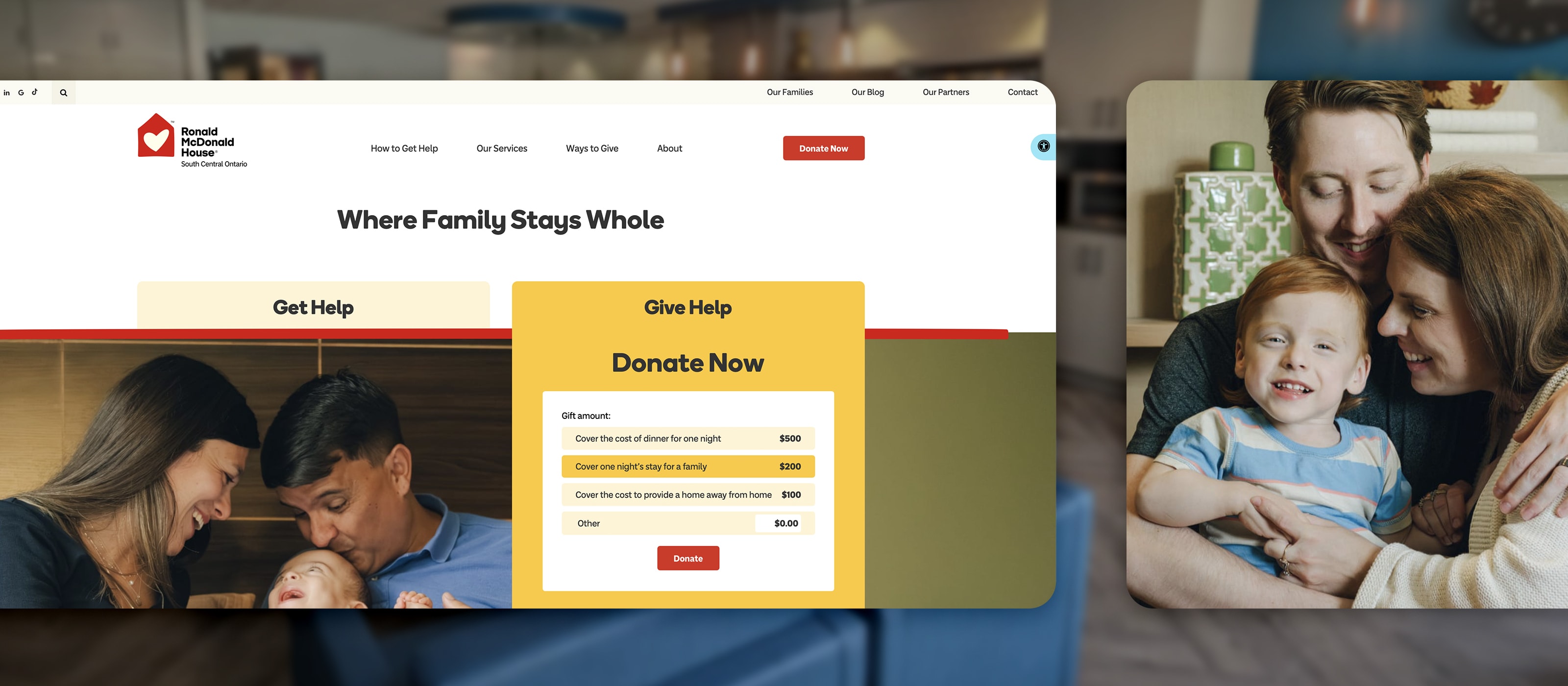 Ronald McDonald House website mockup featuring donation options, family photography and website design elements.